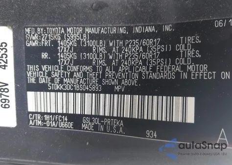 2011 Toyota Sienna Le V6 из США, поврежденный, VIN 5TDKK3DC1BS045893